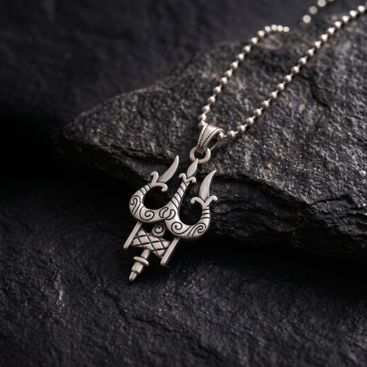 Oxidised Silver Trishul Pendant Necklace