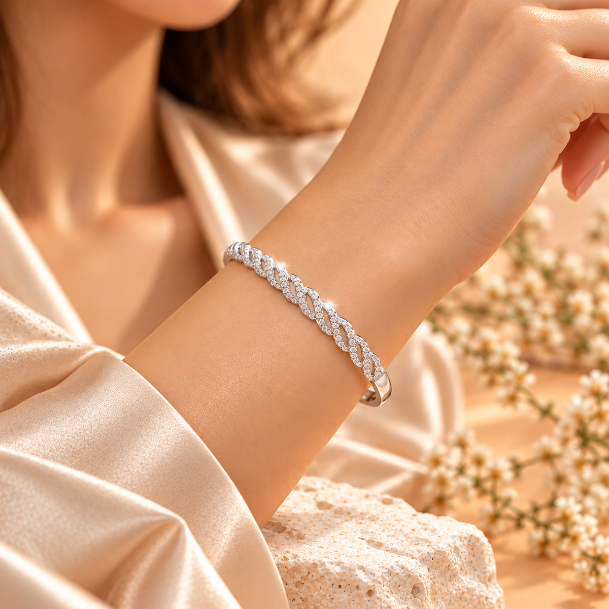 Silver Braided Pavé Diamond Kada