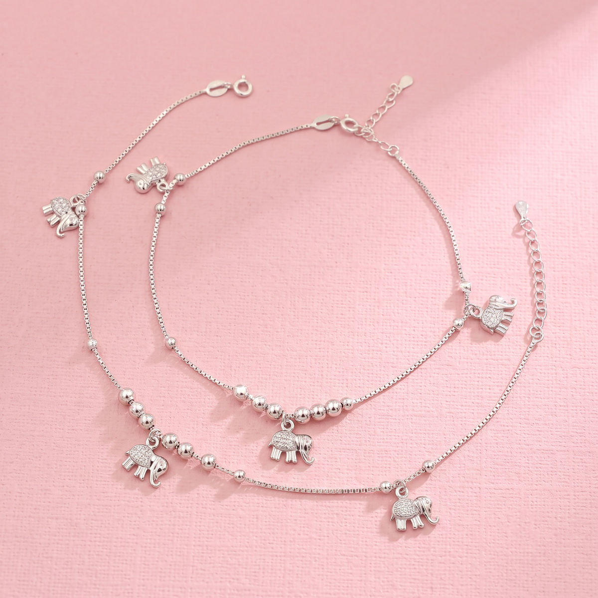 Silver Elephant Charm Beaded Anklet