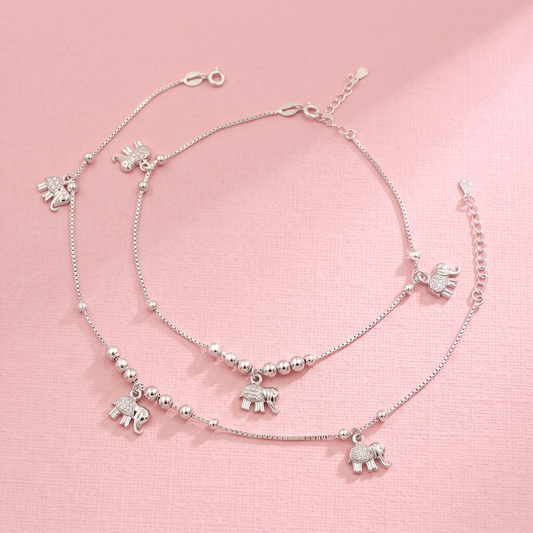 Silver Elephant Charm Beaded Anklet