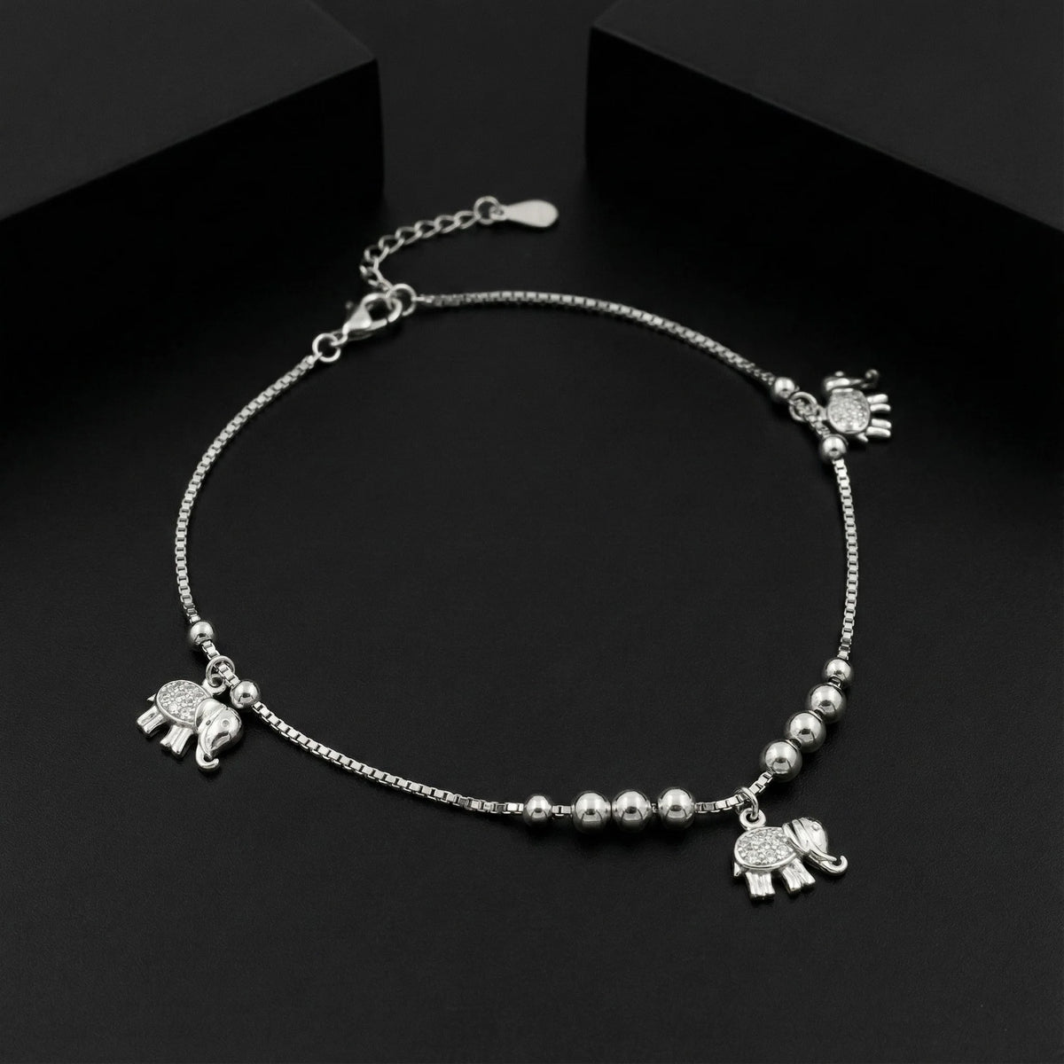 Silver Elephant Charm Beaded Anklet