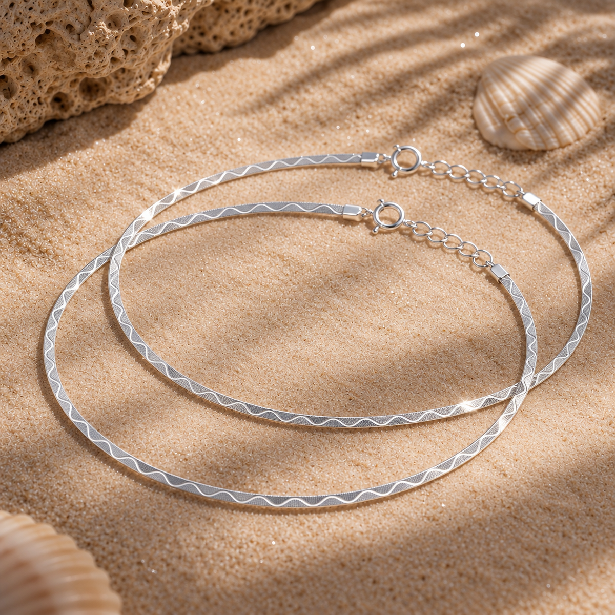 Silver Flat Herringbone Wave Anklets