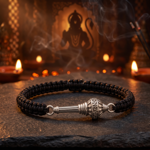 Silver Hanuman Kavach Gada Braided Bracelet
