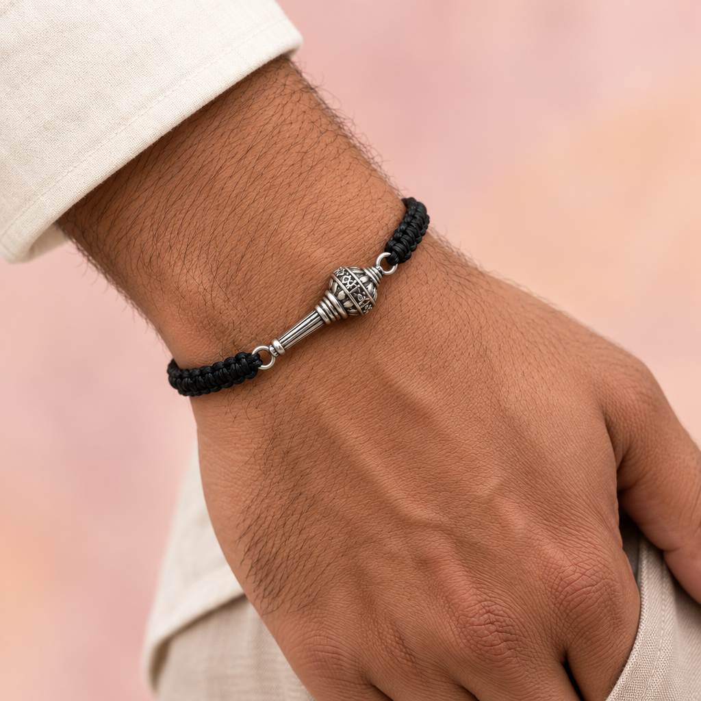 Silver Hanuman Kavach Gada Braided Bracelet
