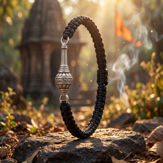 Silver Hanuman Kavach Gada Braided Bracelet