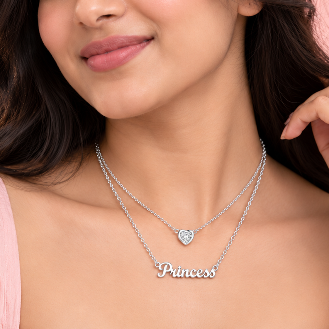 Silver Layered Princess Heart Necklace
