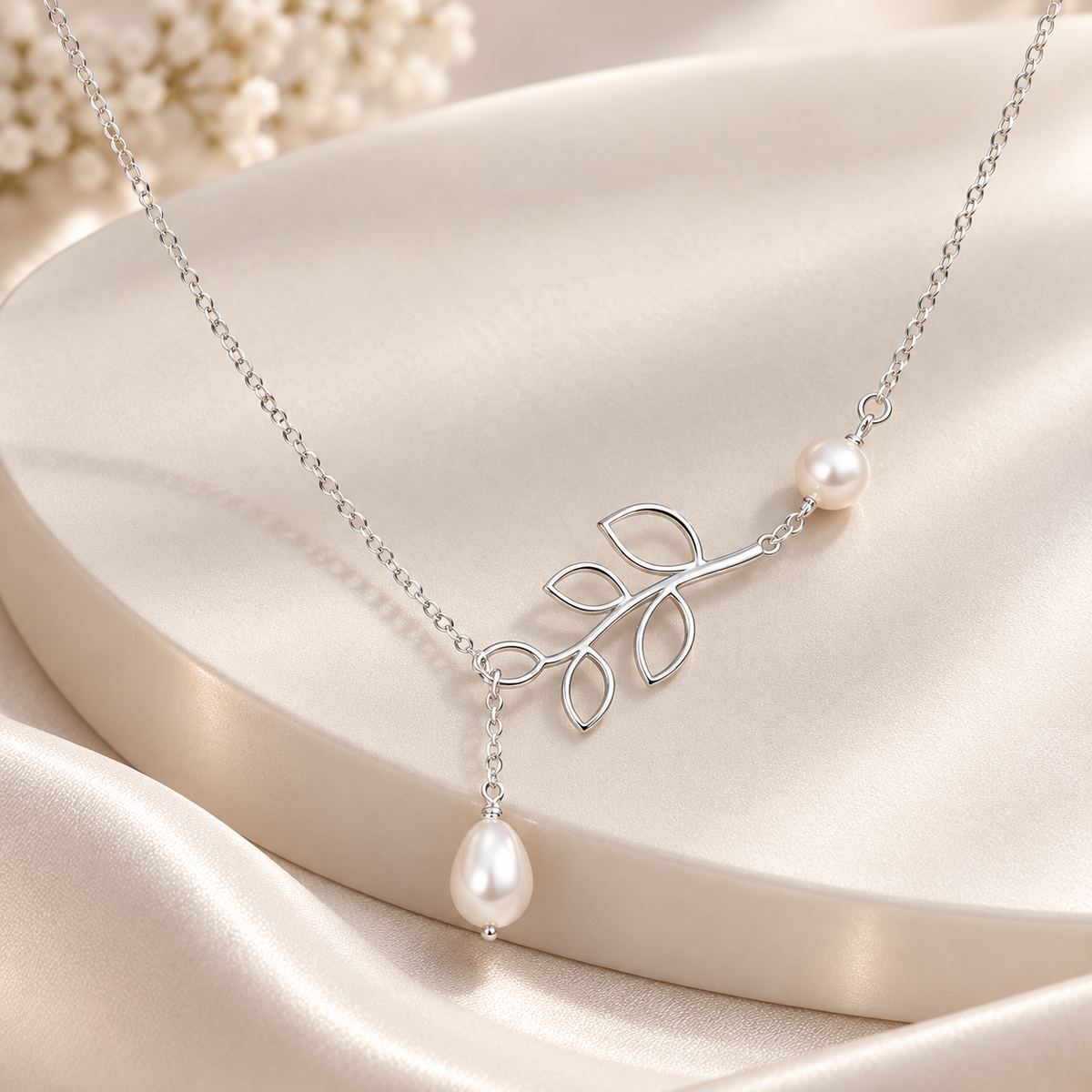 Silver Leaf Pearl Drop Necklace