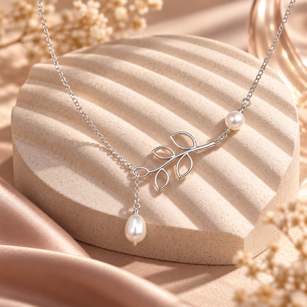 Silver Leaf Pearl Drop Necklace