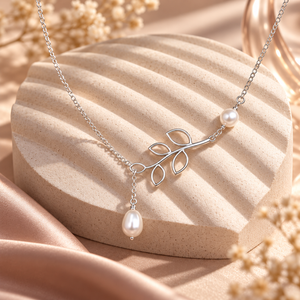 Silver Leaf Pearl Drop Necklace