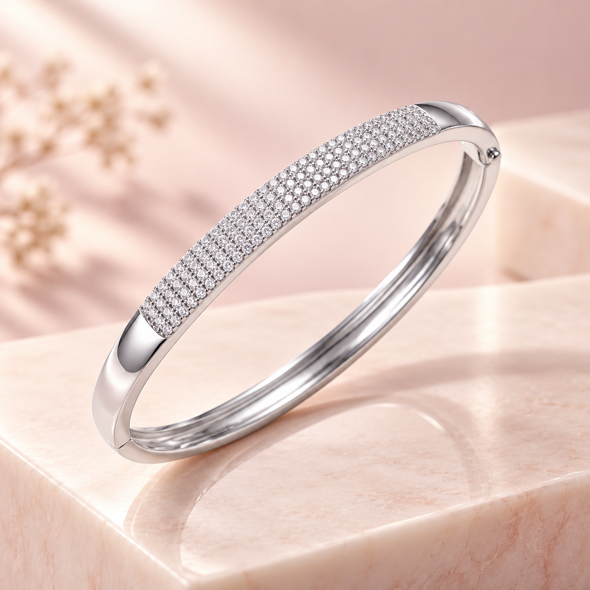 Silver Pave Diamond Slanting Ladies Kada